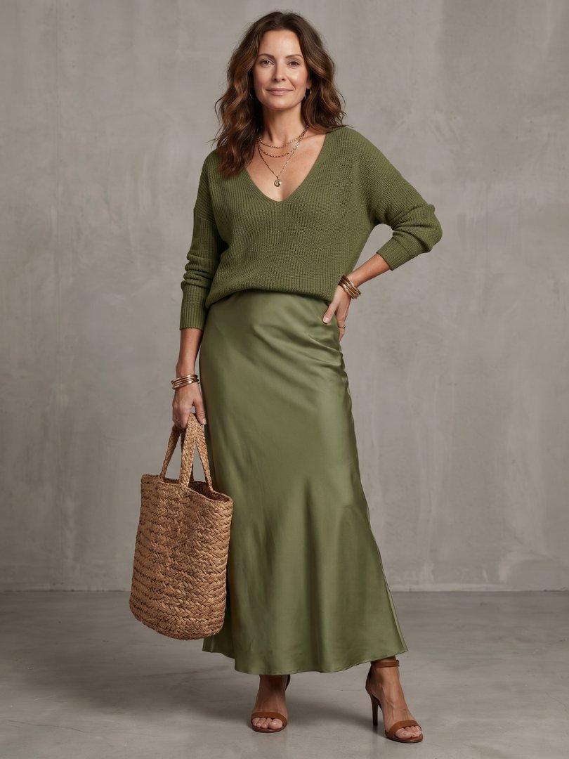 Women's Satin Skirt Knit Layer Set | Bias Cut Midi Co-ord View 23