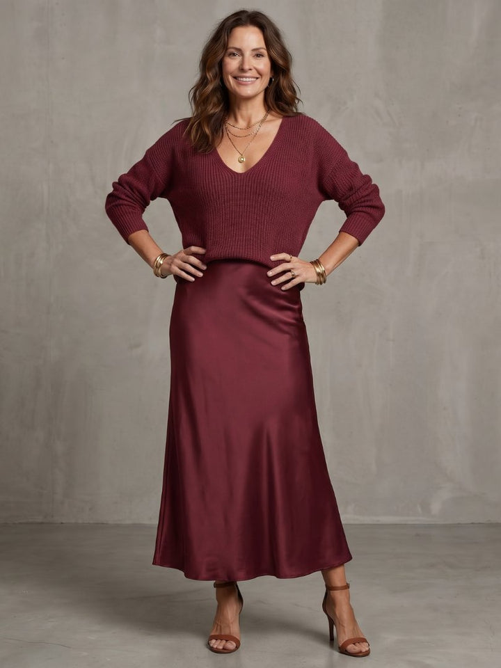 Women's Satin Skirt Knit Layer Set | Bias Cut Midi Co-ord View 25
