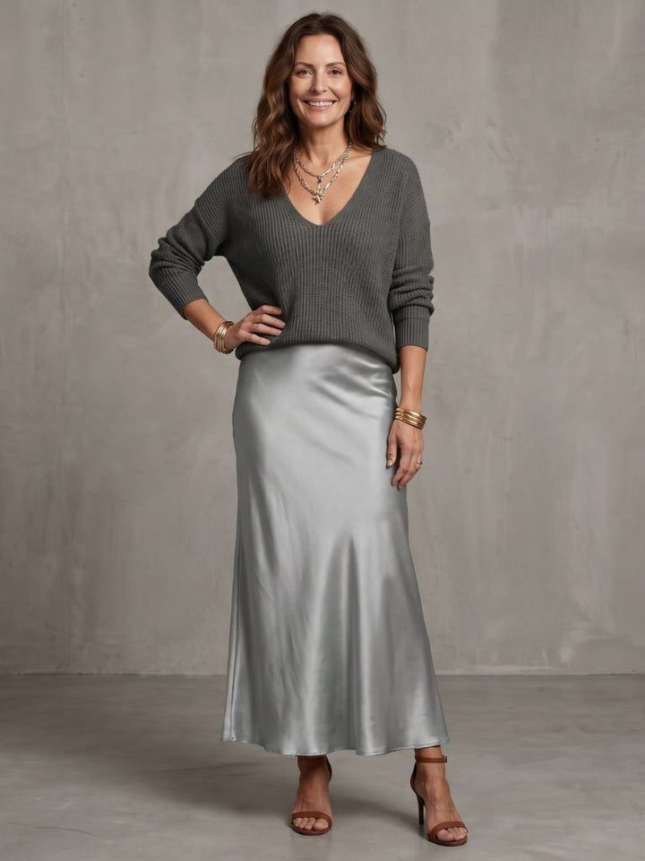 Women's Satin Skirt Knit Layer Set | Bias Cut Midi Co-ord View 27