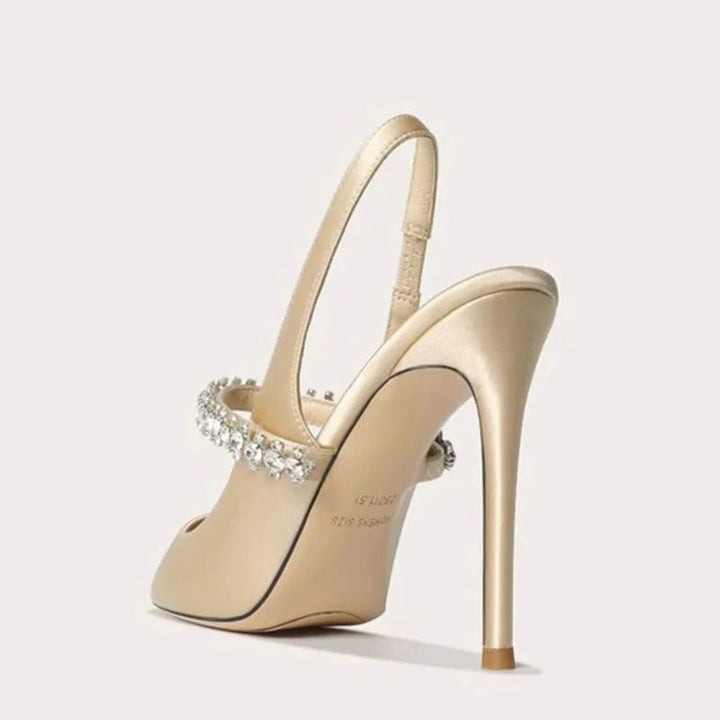 Women's Satin Slingback Heels | Pointed Toe Crystal Strap Back