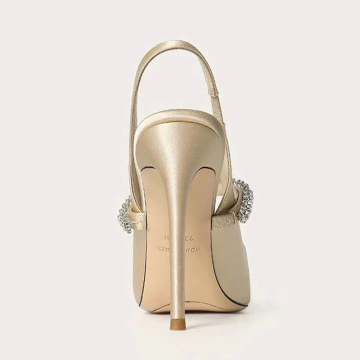 Women's Satin Slingback Heels | Pointed Toe Crystal Strap Close Up