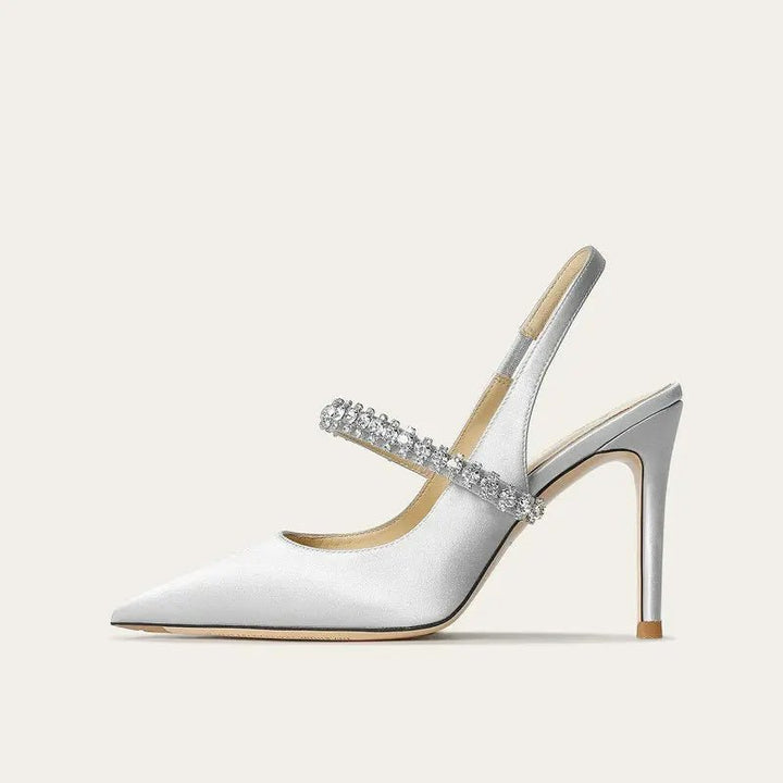 Women's Satin Slingback Heels | Pointed Toe Crystal Strap Detail