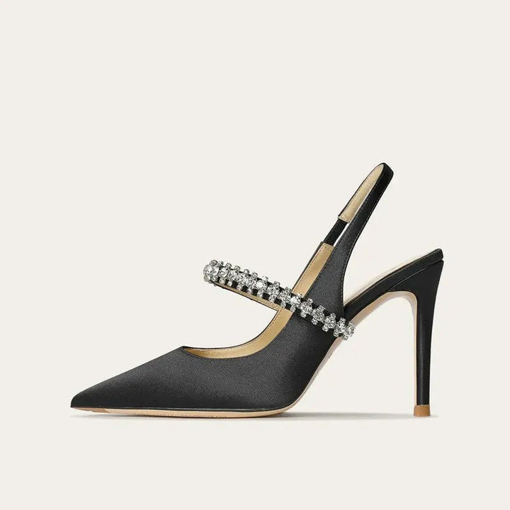 Women's Satin Slingback Heels | Pointed Toe Crystal Strap Front