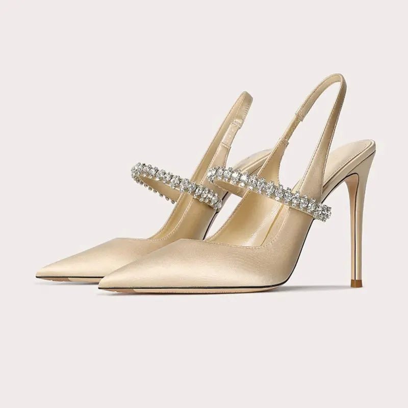 Women's Satin Slingback Heels | Pointed Toe Crystal Strap Hero