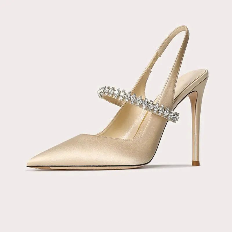 Women's Satin Slingback Heels | Pointed Toe Crystal Strap Side