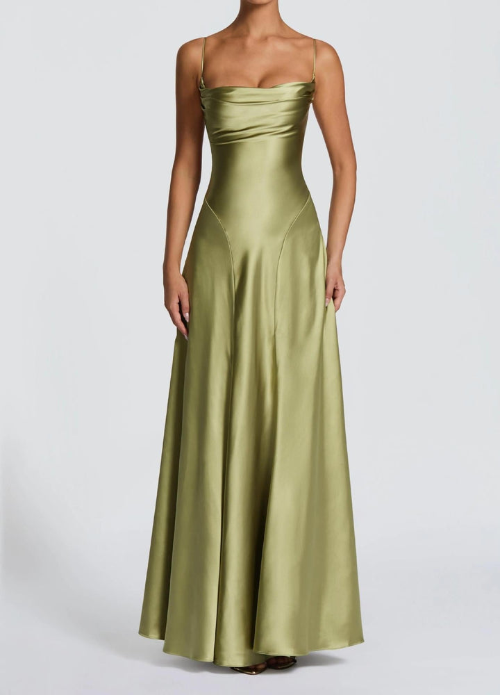 Women's Satin Sweetheart Maxi Dress | Wedding Guest Strapless Fit Close Up