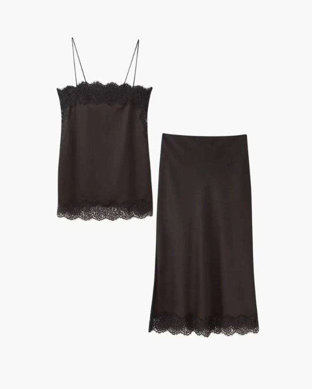 Women's Satin Two-Piece Set | Midi Skirt with Trim Hem Detail Hero