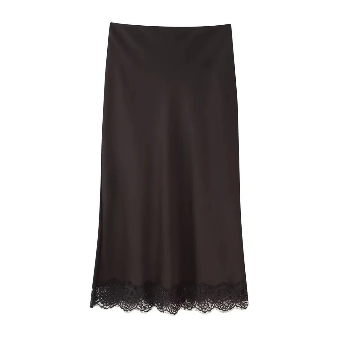 Women's Satin Two-Piece Set | Midi Skirt with Trim Hem Detail Side