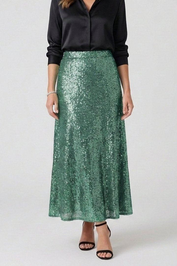 Women's Sequin Maxi Skirt | Elastic Waist Fitted Cut Angle