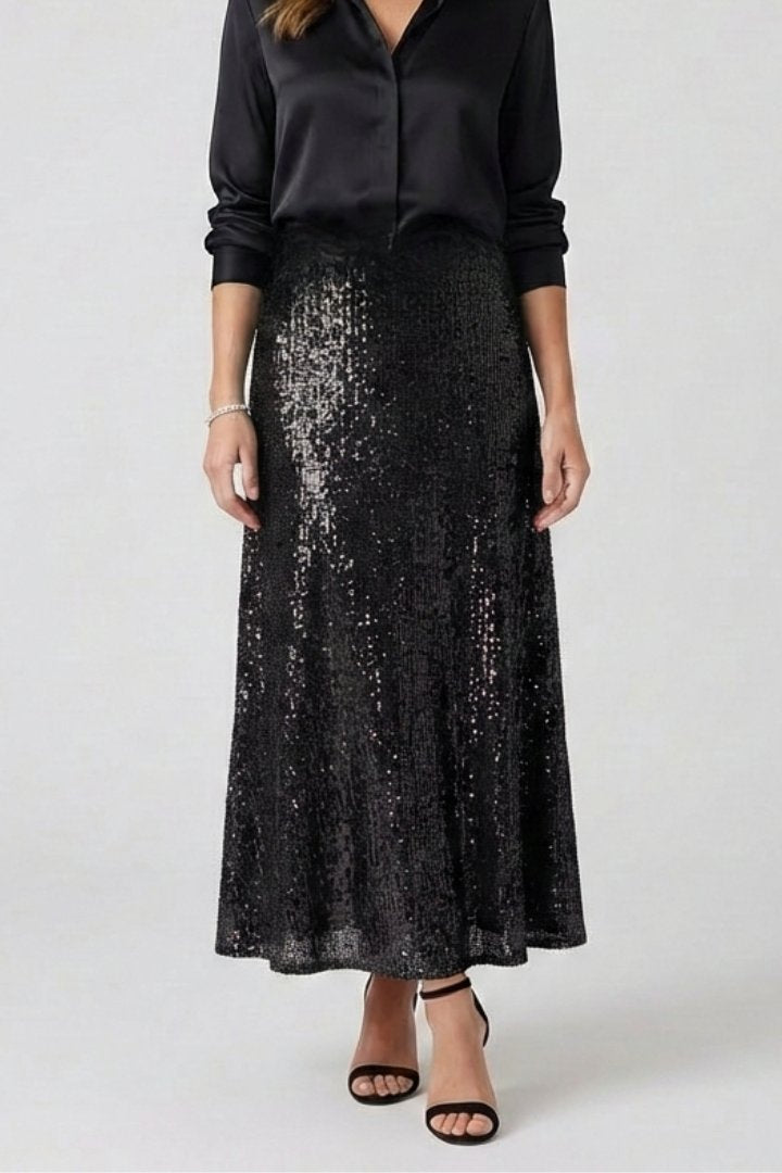 Women's Sequin Maxi Skirt | Elastic Waist Fitted Cut Back