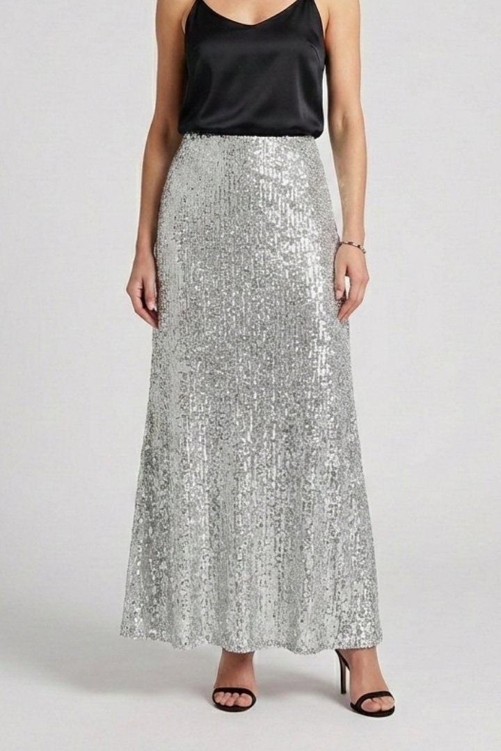 Women's Sequin Maxi Skirt | Elastic Waist Fitted Cut Close Up