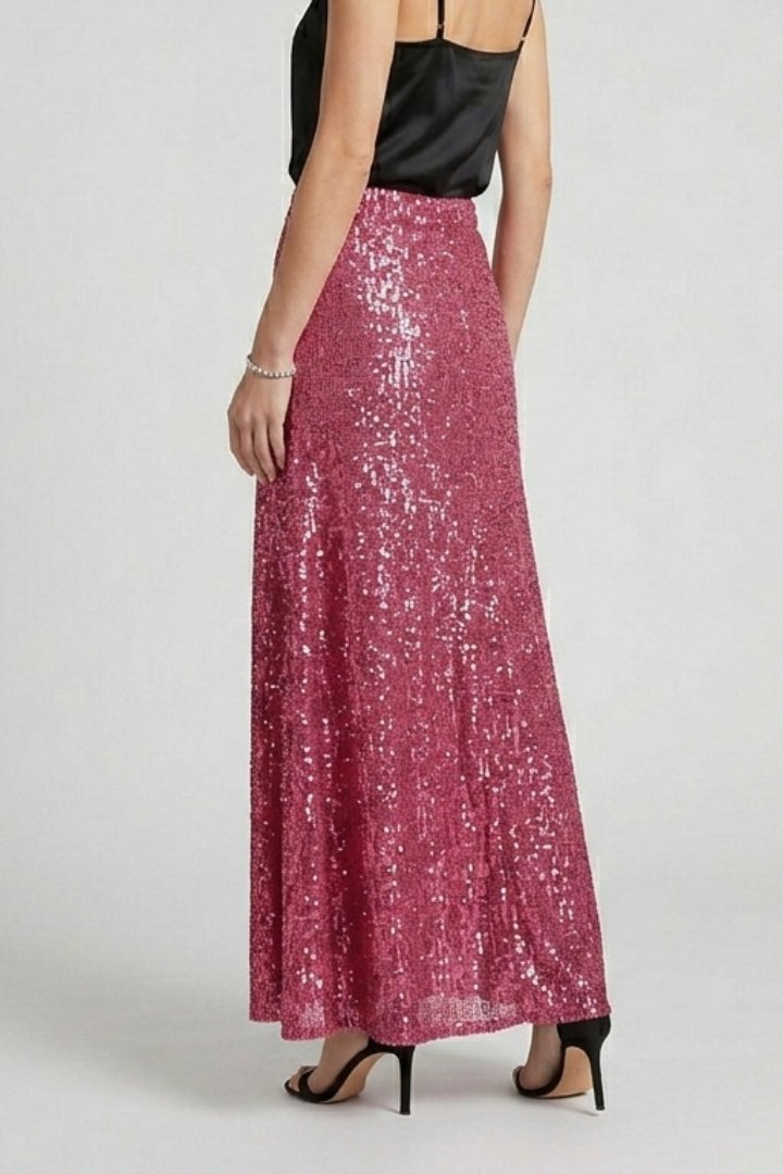 Women's Sequin Maxi Skirt | Elastic Waist Fitted Cut Detail
