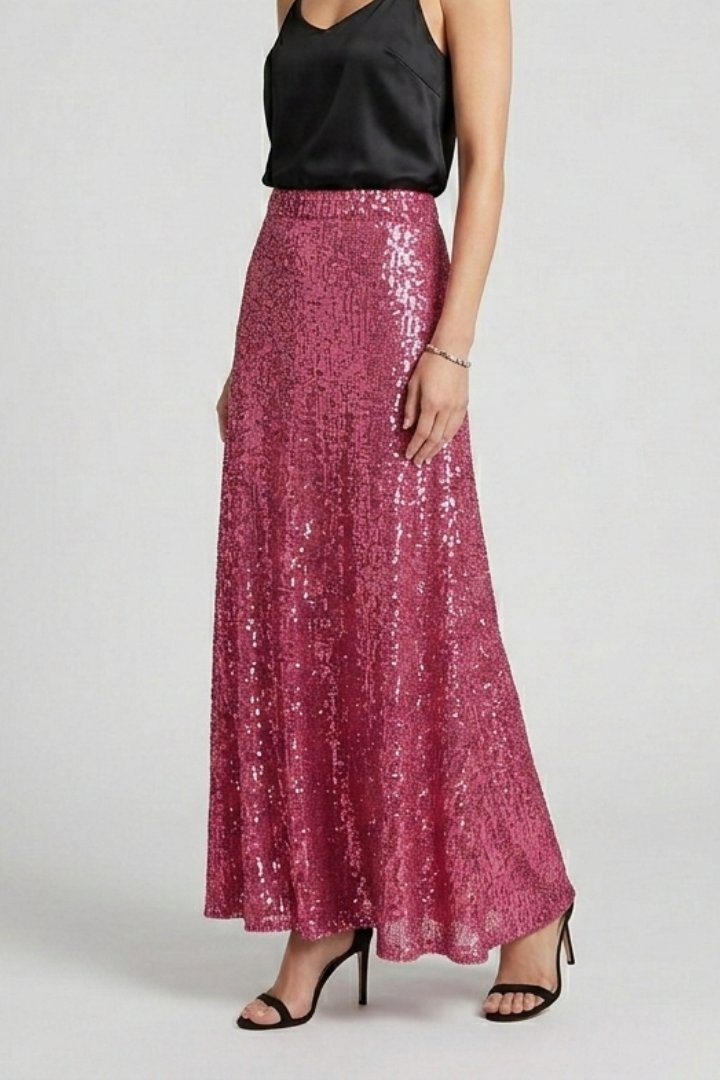 Women's Sequin Maxi Skirt | Elastic Waist Fitted Cut Front