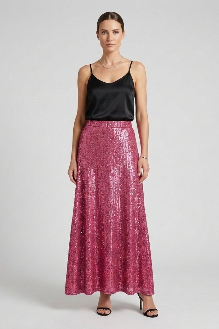Women's Sequin Maxi Skirt | Elastic Waist Fitted Cut Full
