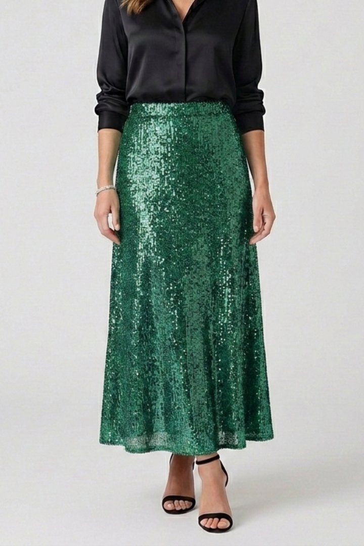 Women's Sequin Maxi Skirt | Elastic Waist Fitted Cut Lifestyle