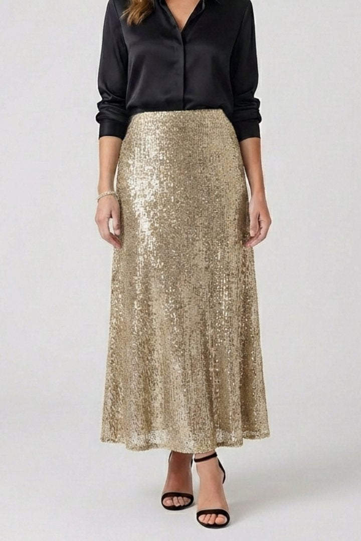 Women's Sequin Maxi Skirt | Elastic Waist Fitted Cut Side