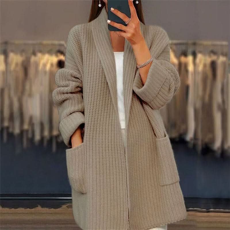 Women's Shawl Collar Wool Cardigan | Open Front Deep Pockets Close Up