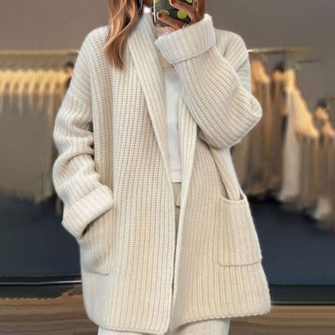 Women's Shawl Collar Wool Cardigan | Open Front Deep Pockets Detail