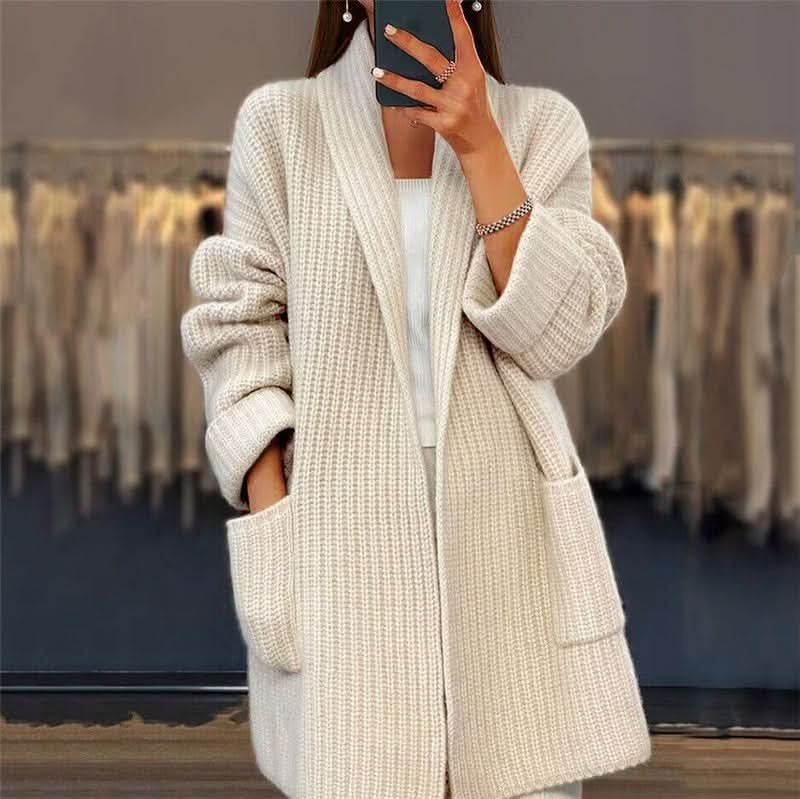 Women's Shawl Collar Wool Cardigan | Open Front Deep Pockets Hero