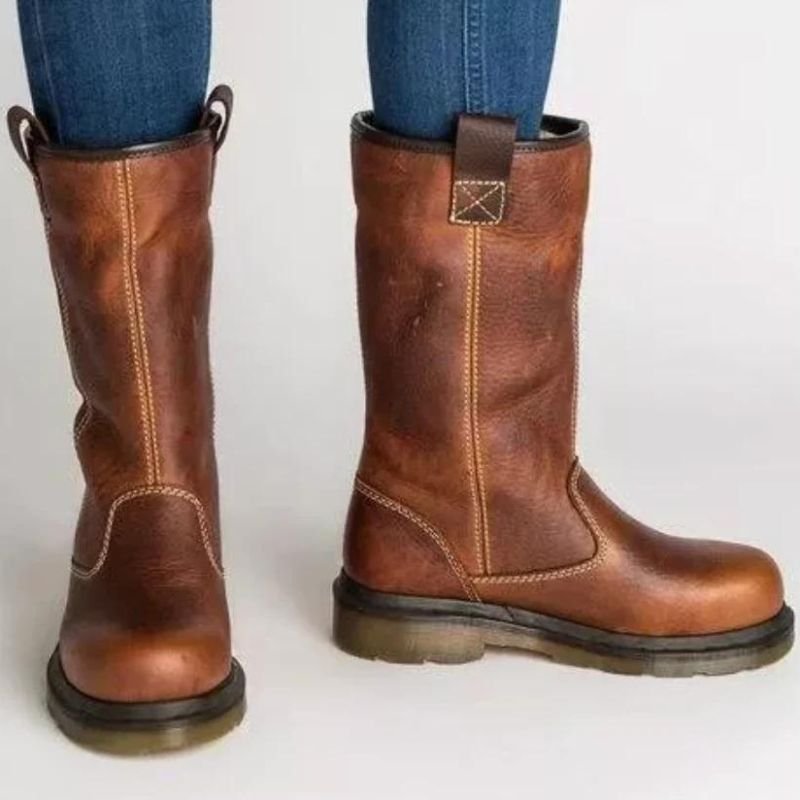 Women's Shearling-Lined Leather Boots | Fold-Over Cuff Pull-On Front
