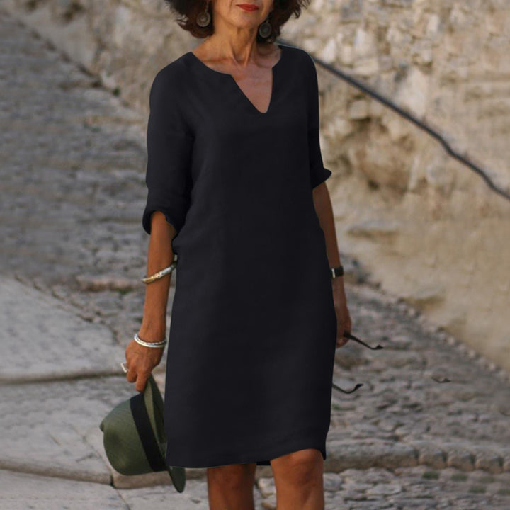 Women's Shirt Midi Dress | V-Neck Three-Quarter Sleeves Angle
