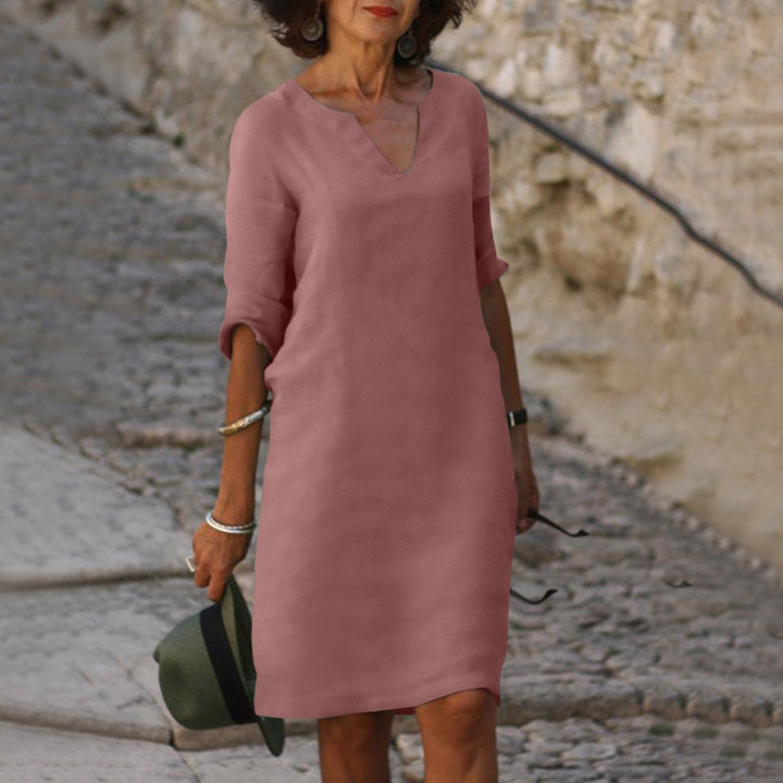 Women's Shirt Midi Dress | V-Neck Three-Quarter Sleeves Back