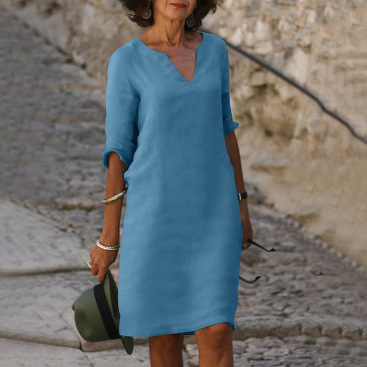 Women's Shirt Midi Dress | V-Neck Three-Quarter Sleeves Detail