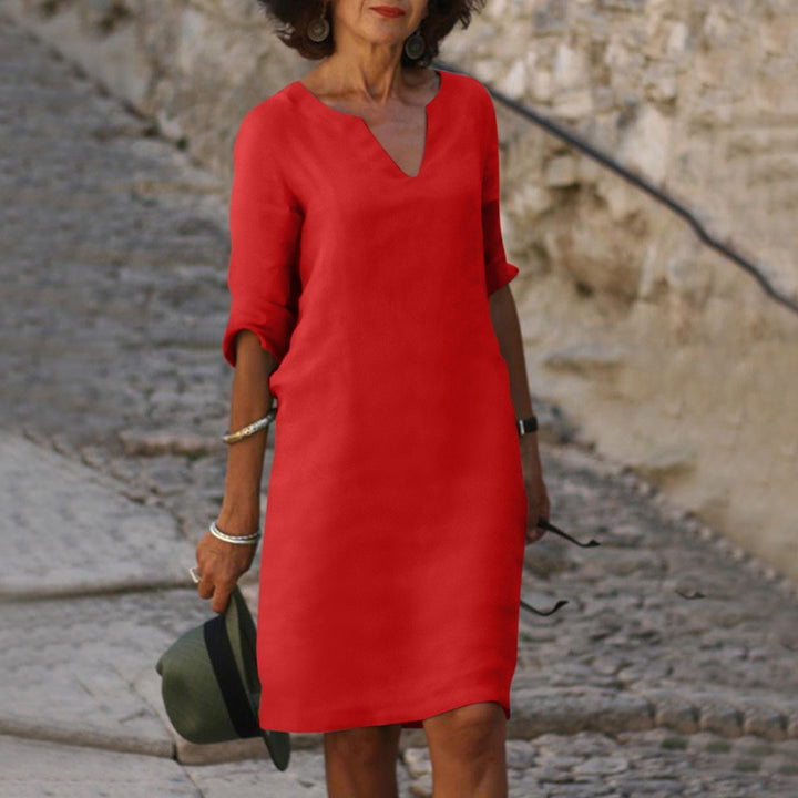 Women's Shirt Midi Dress | V-Neck Three-Quarter Sleeves Hero