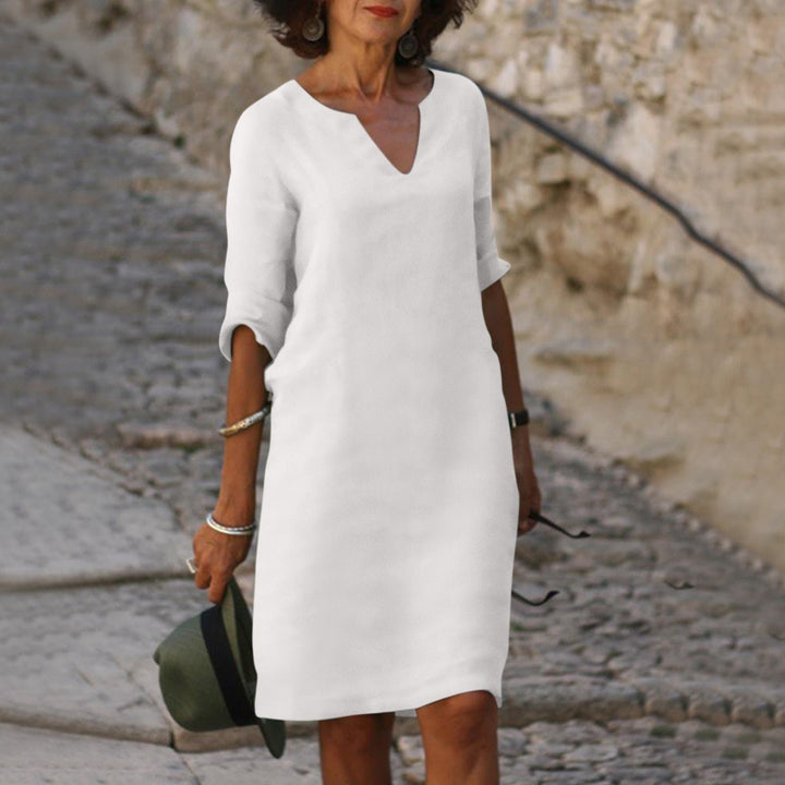 Women's Shirt Midi Dress | V-Neck Three-Quarter Sleeves Lifestyle