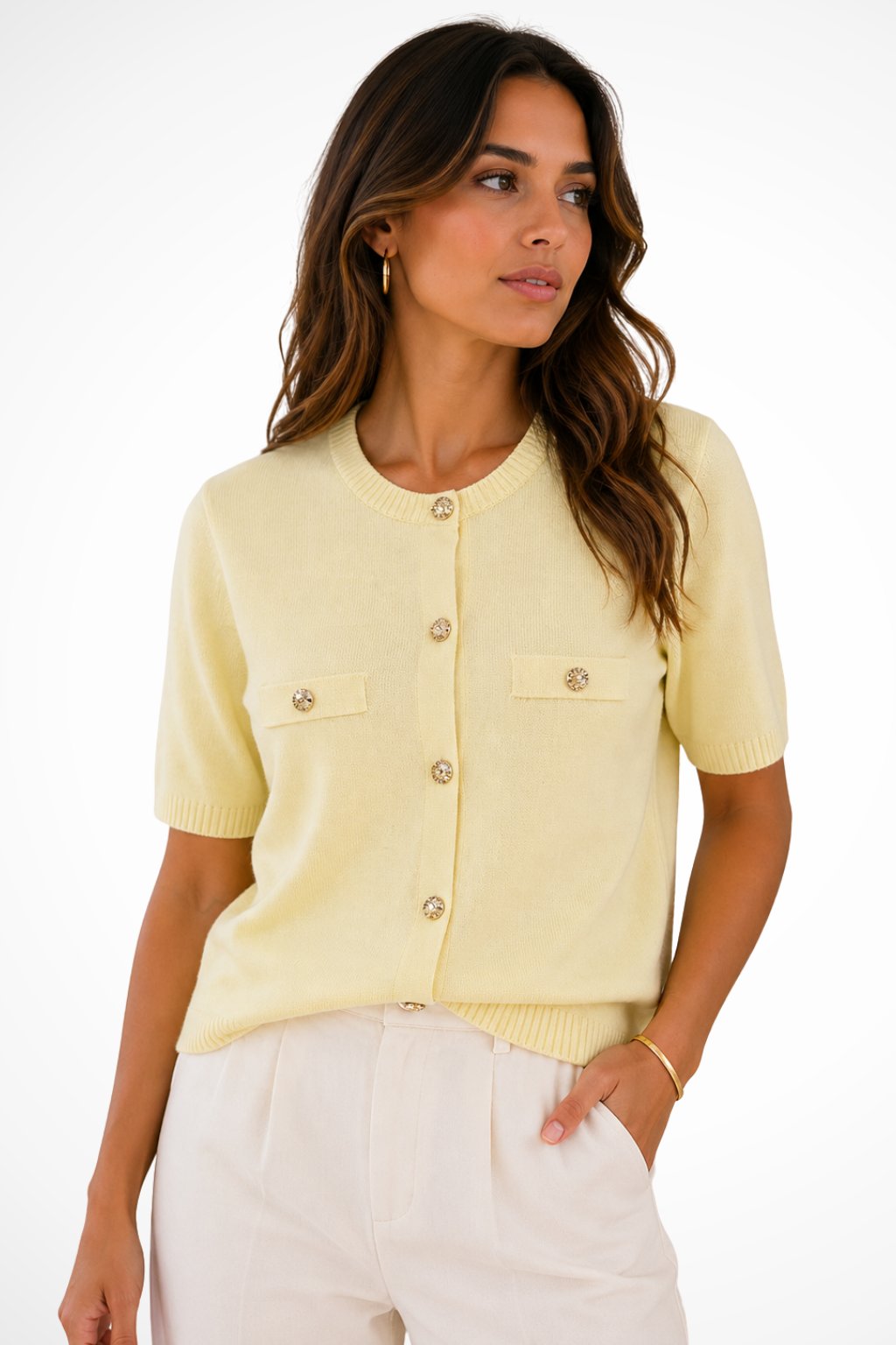 Women's Short Sleeve Knit Cardigan | Gold Button Pocket Detail Detail