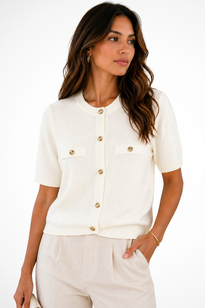 Women's Short Sleeve Knit Cardigan | Gold Button Pocket Detail Front