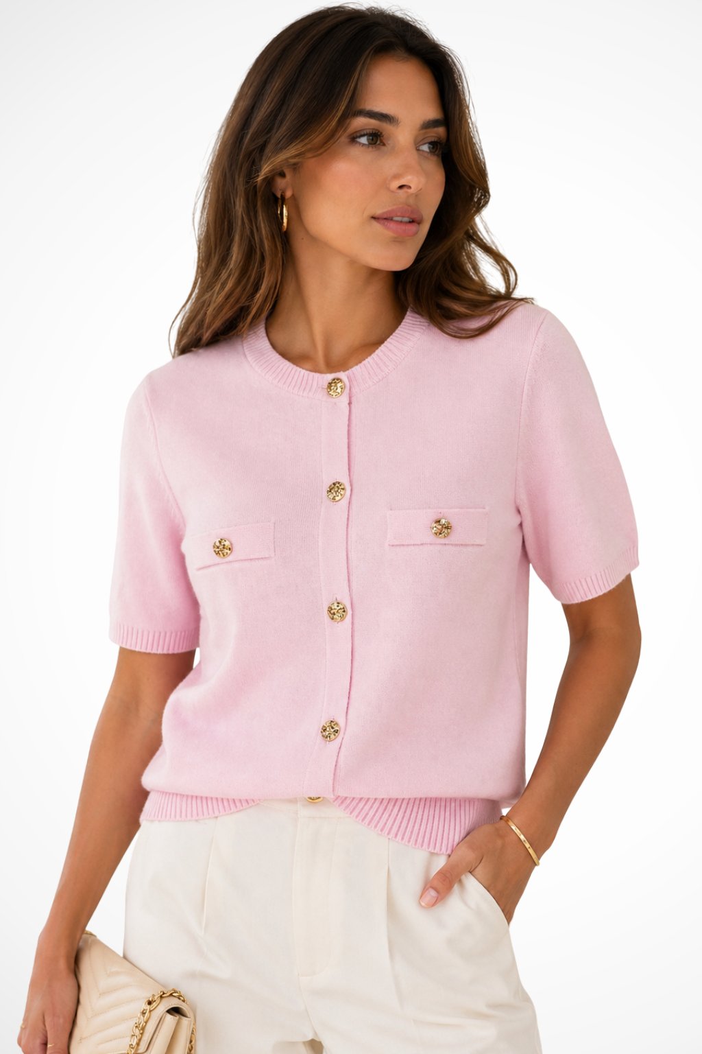 Women's Short Sleeve Knit Cardigan | Gold Button Pocket Detail Hero