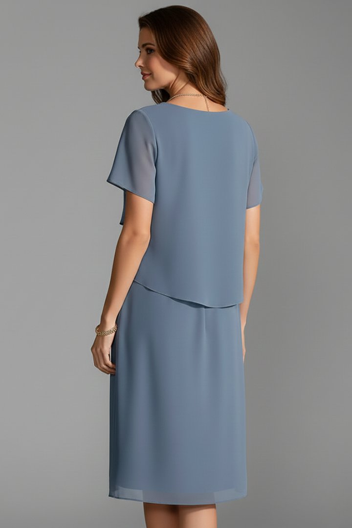 Women's Short Sleeve Layered Dress | Tiered Front Straight Hem Angle