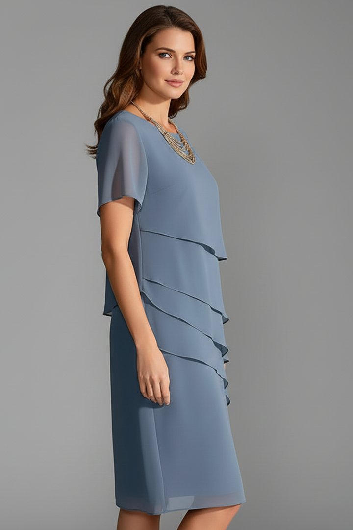 Women's Short Sleeve Layered Dress | Tiered Front Straight Hem Close Up
