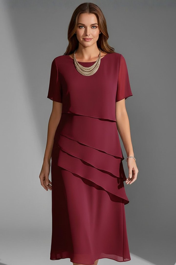Women's Short Sleeve Layered Dress | Tiered Front Straight Hem Detail
