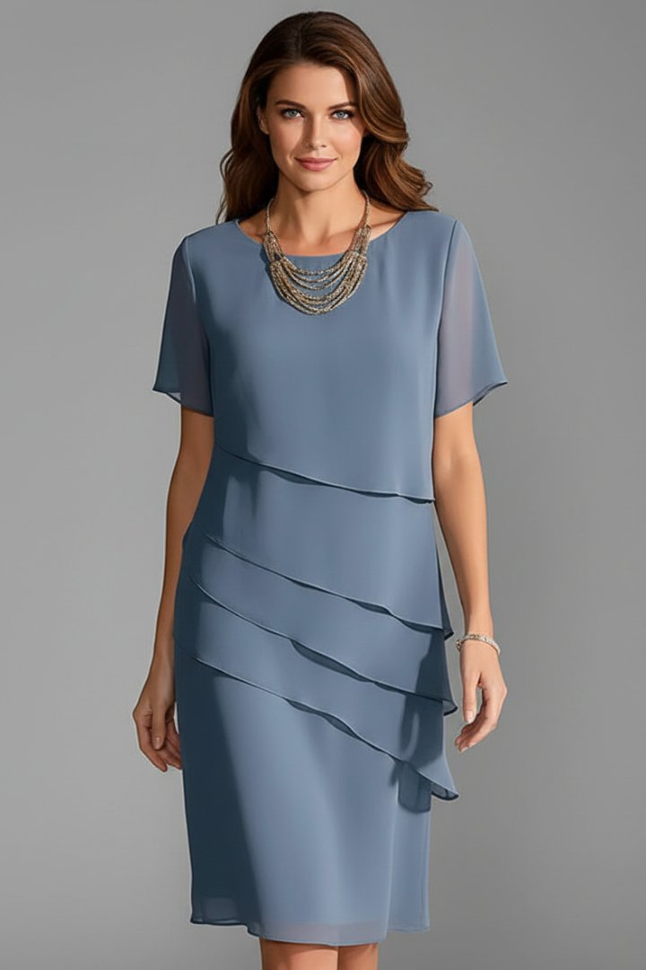 Women's Short Sleeve Layered Dress | Tiered Front Straight Hem Front