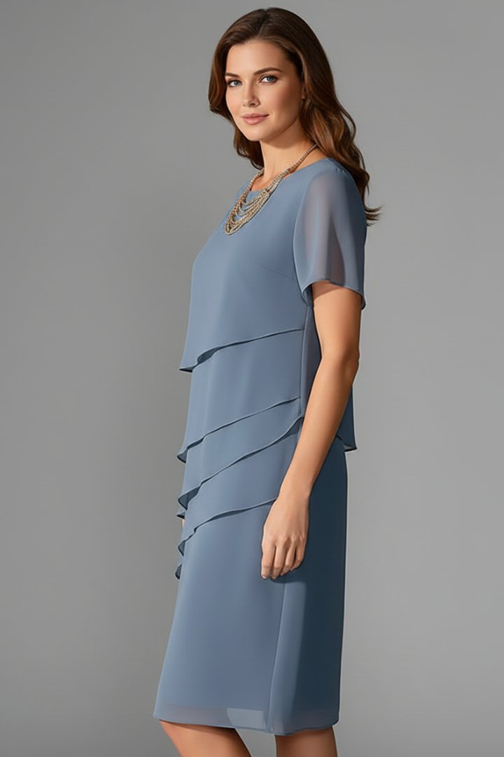 Women's Short Sleeve Layered Dress | Tiered Front Straight Hem Lifestyle
