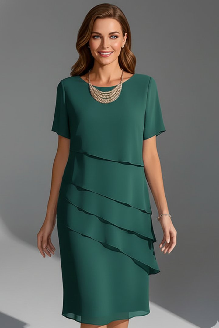 Women's Short Sleeve Layered Dress | Tiered Front Straight Hem Side