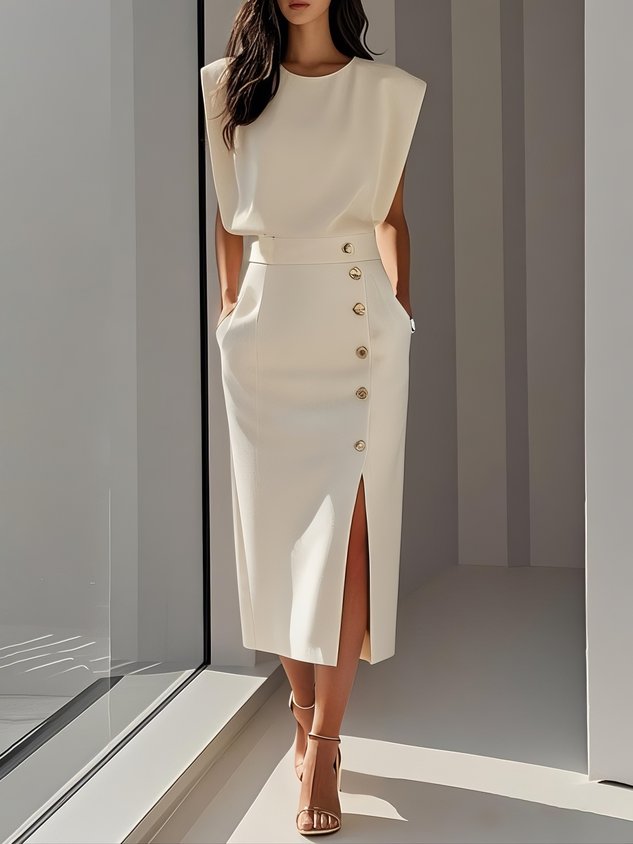 Women's Sleeveless Button Midi Dress | Padded Shoulder Leg Split Hero