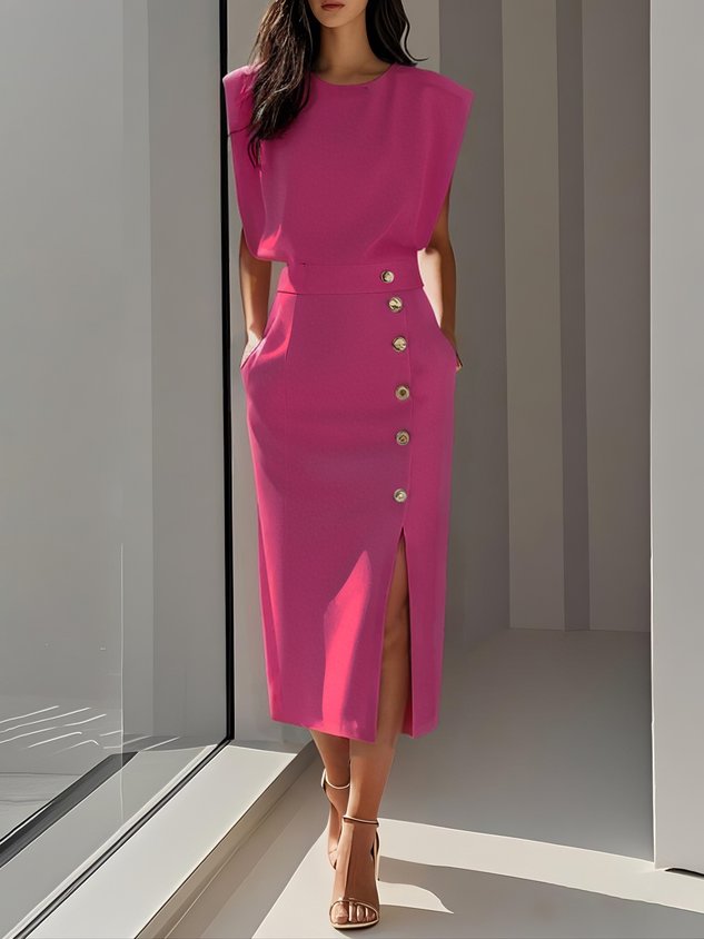 Women's Sleeveless Button Midi Dress | Padded Shoulder Leg Split Lifestyle