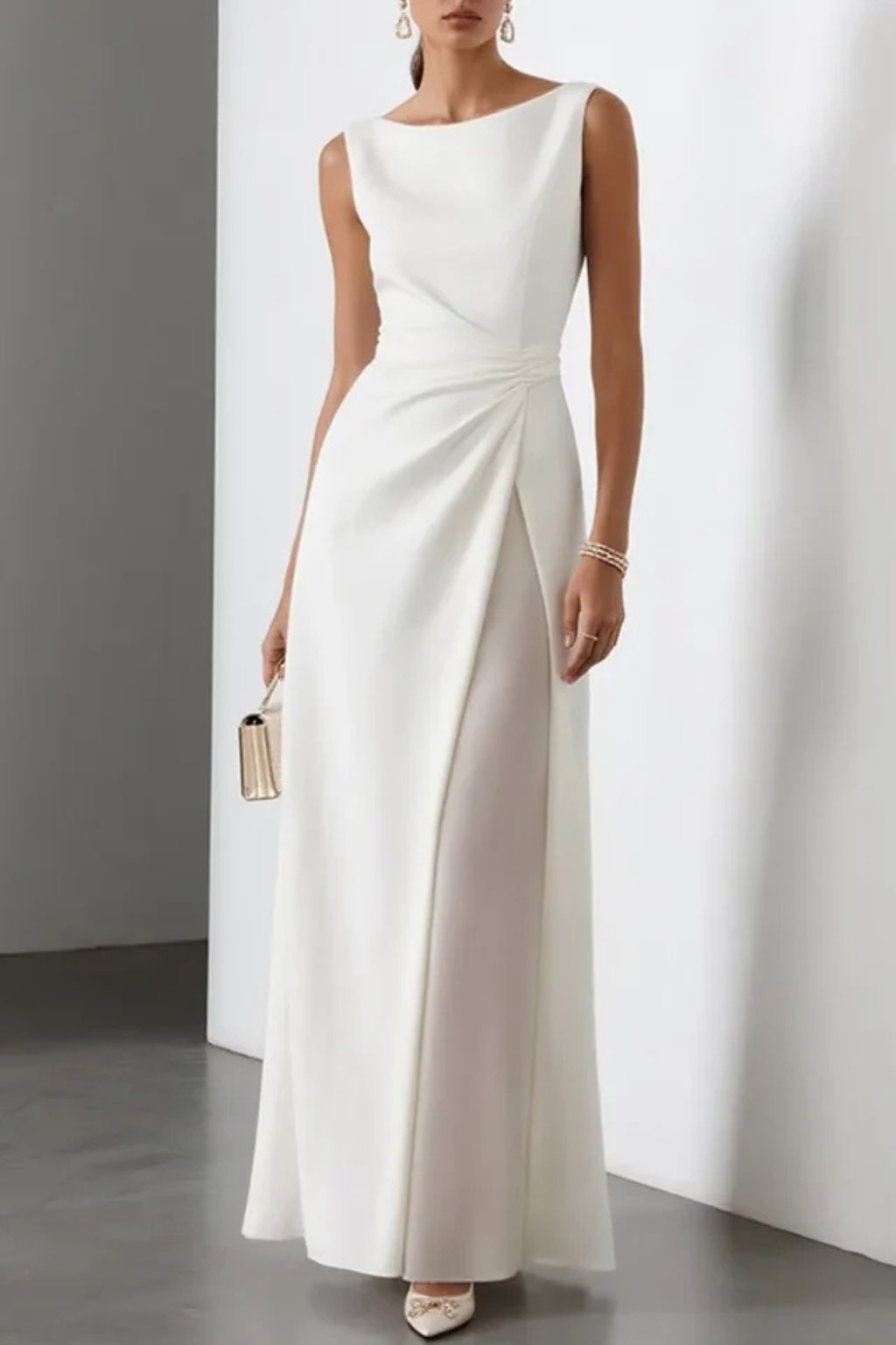 Women's Sleeveless Draped Waist Wedding Guest Maxi Dress | Ruched Side Slit Front