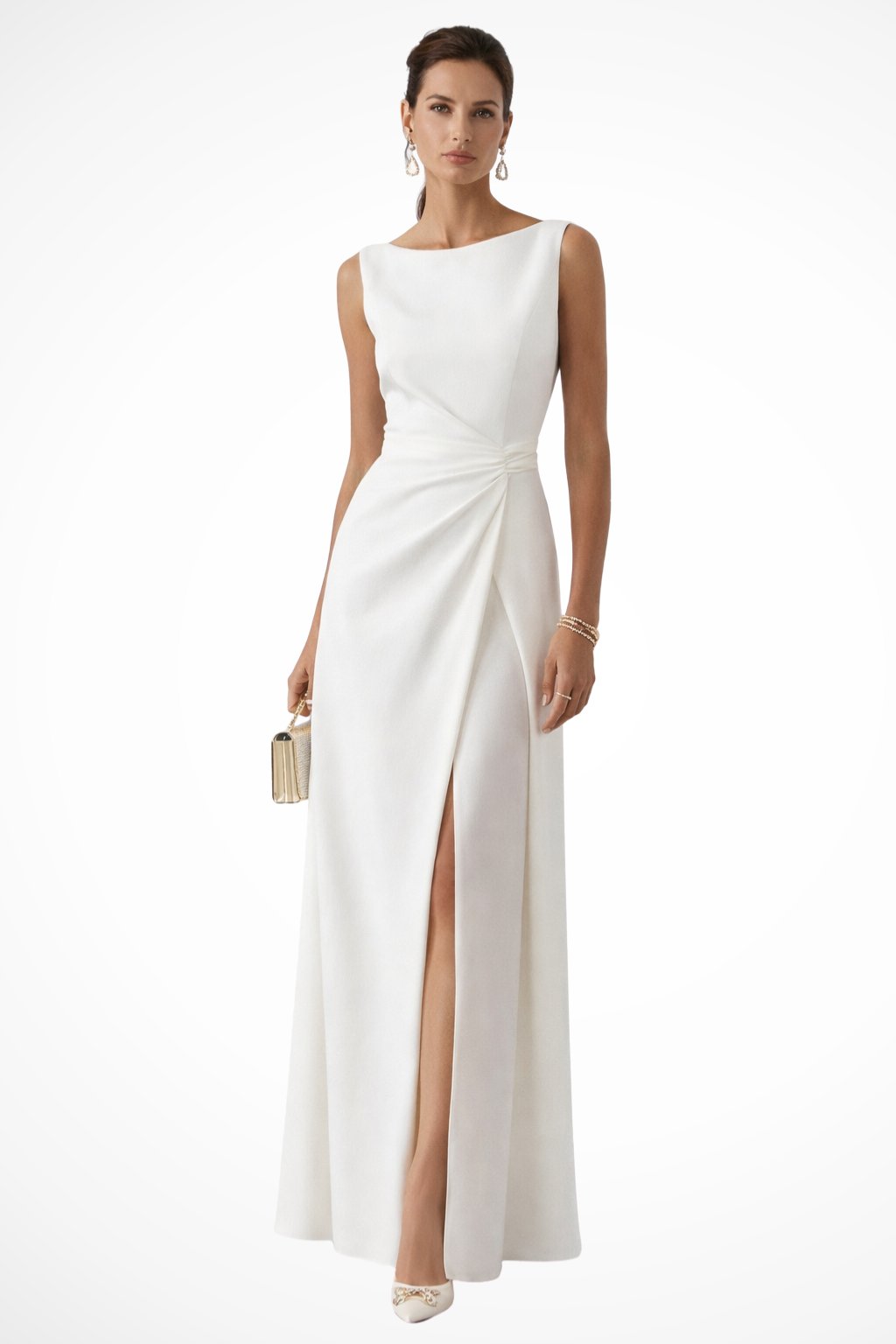 Women's Sleeveless Draped Waist Wedding Guest Maxi Dress | Ruched Side Slit Hero