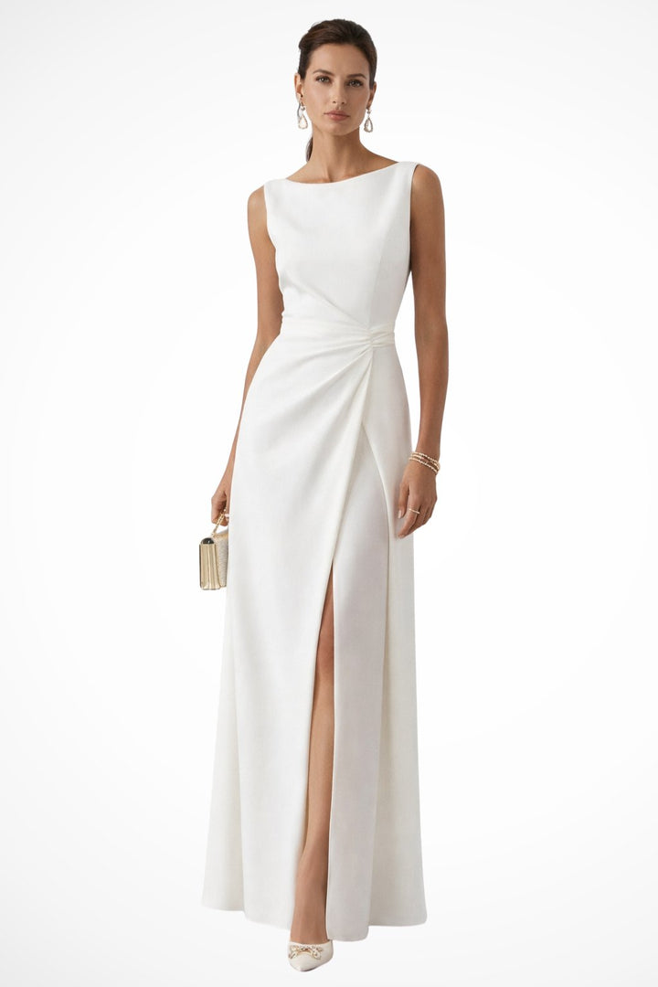 Women's Sleeveless Draped Waist Wedding Guest Maxi Dress | Ruched Side Slit Hero