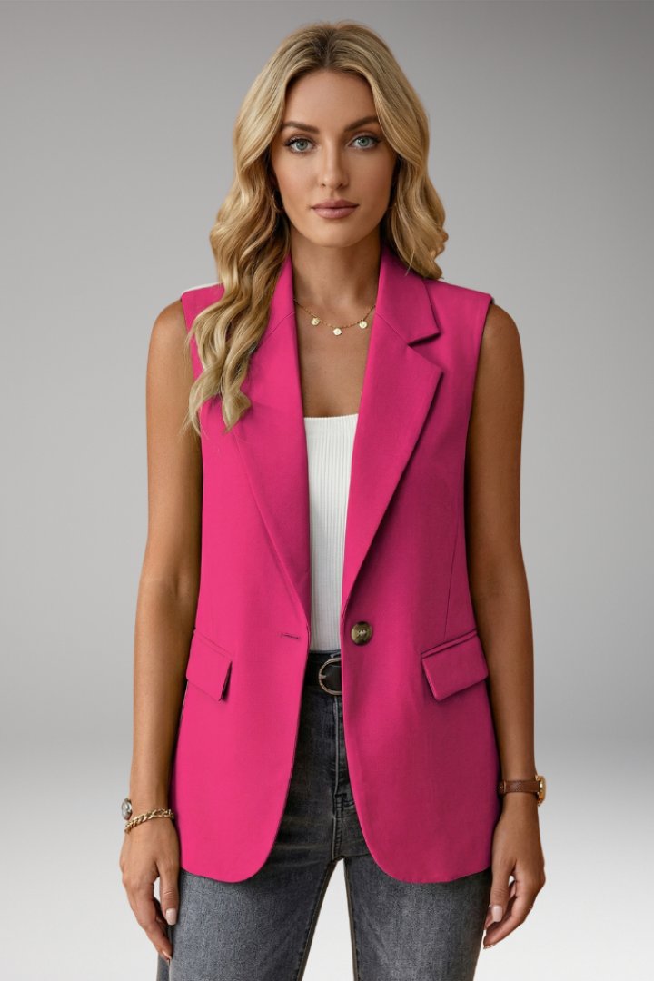 Women's Sleeveless Notch Collar Blazer | Structured with Flap Pockets Close Up