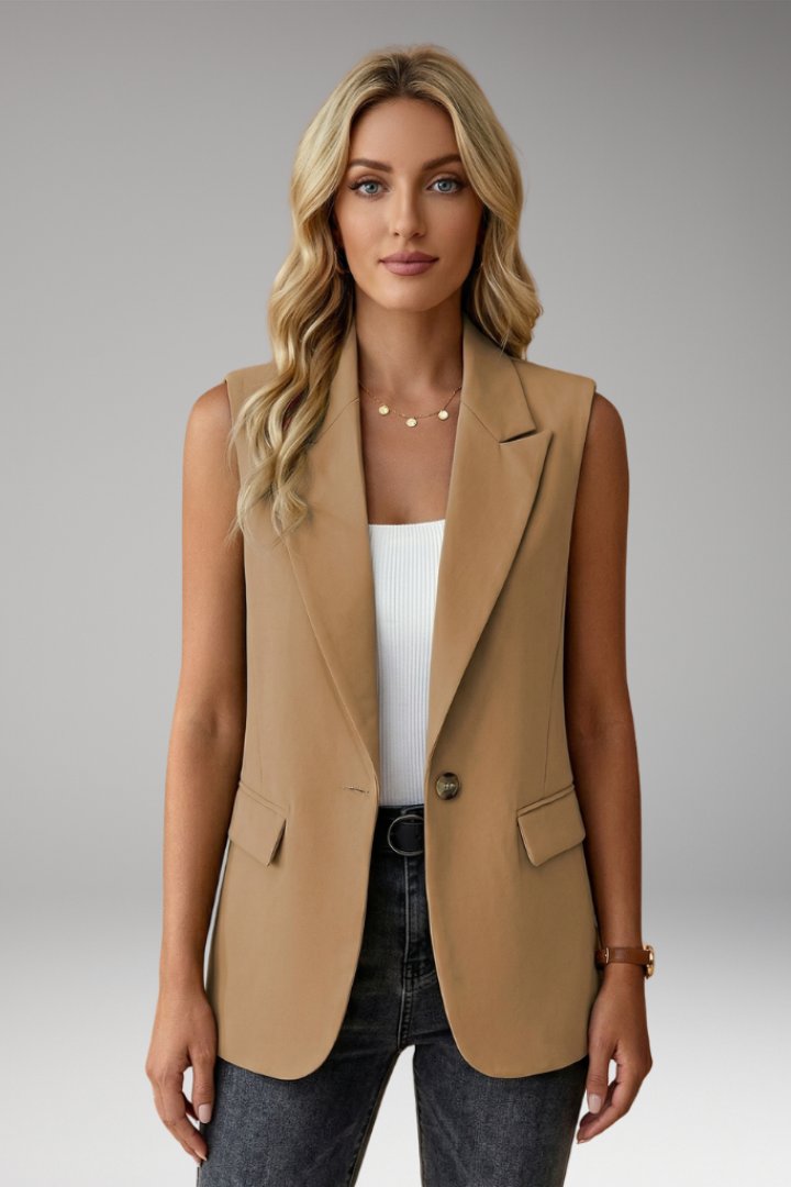 Women's Sleeveless Notch Collar Blazer | Structured with Flap Pockets Full