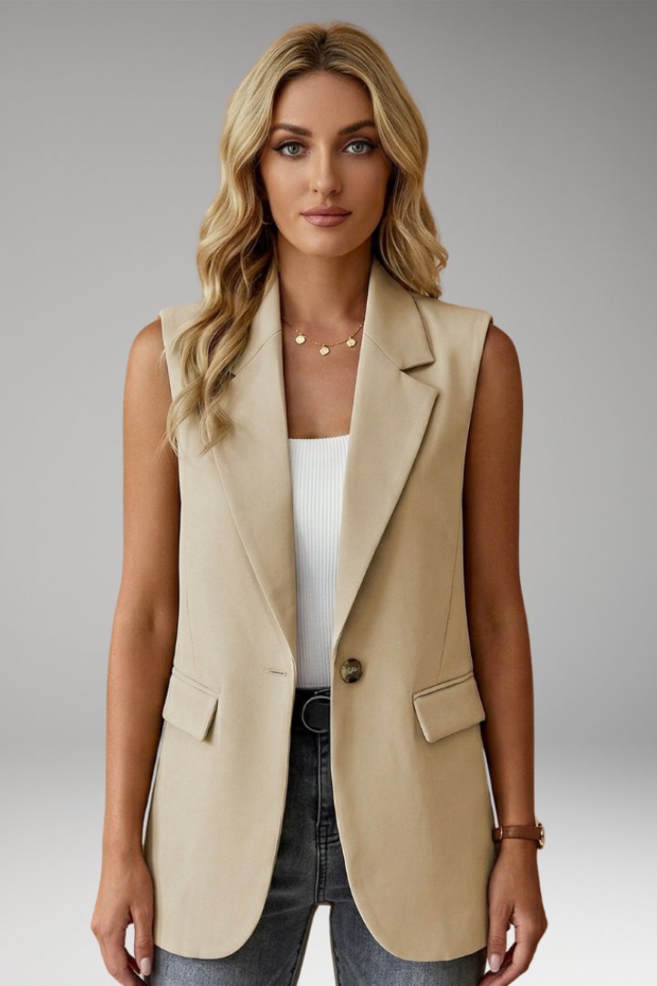 Women's Sleeveless Notch Collar Blazer | Structured with Flap Pockets Side