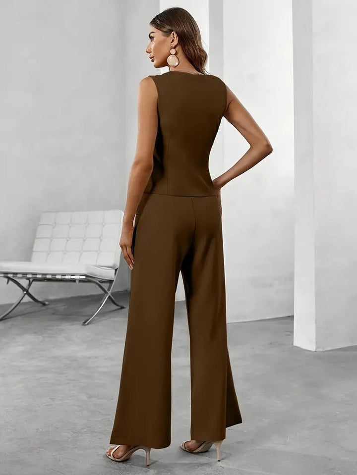 Women's Sleeveless Suit Set | Wide Leg Button-Up Waistcoat Close Up