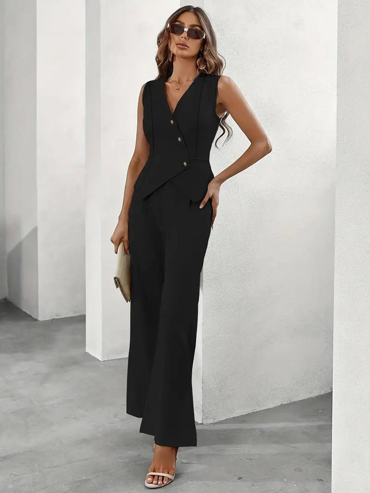 Women's Sleeveless Suit Set | Wide Leg Button-Up Waistcoat Side