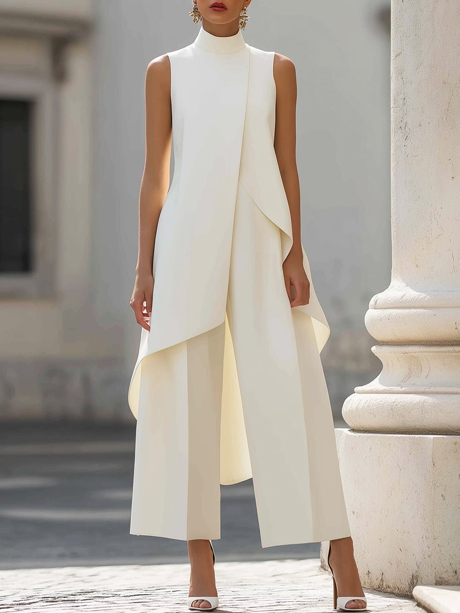Women's Sleeveless Wide-Leg Trouser Set | Asymmetric Draped High Neck Hero