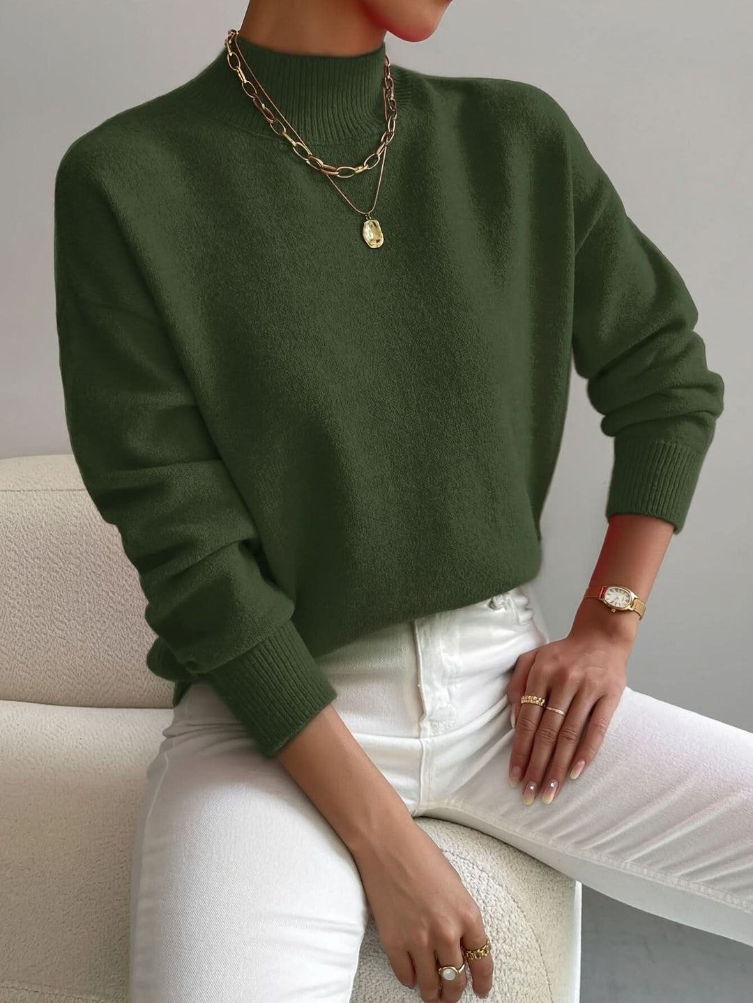 Women's Slim Fit Roll Neck Jumper | Soft Knit Warm Drape Angle